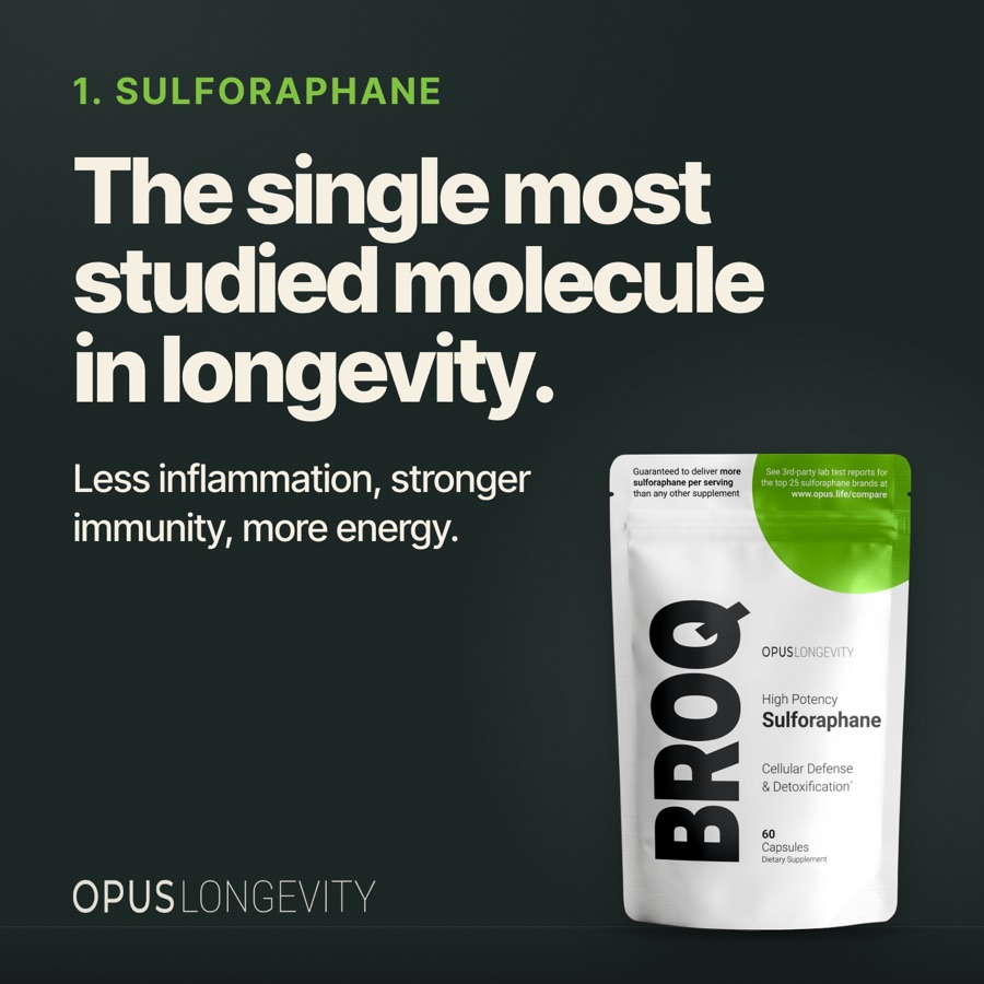 Card 2 of 7: 1. Sulforaphane / The single most studied molecule in longevity. / Less inflammation, stronger immunity, more energy.