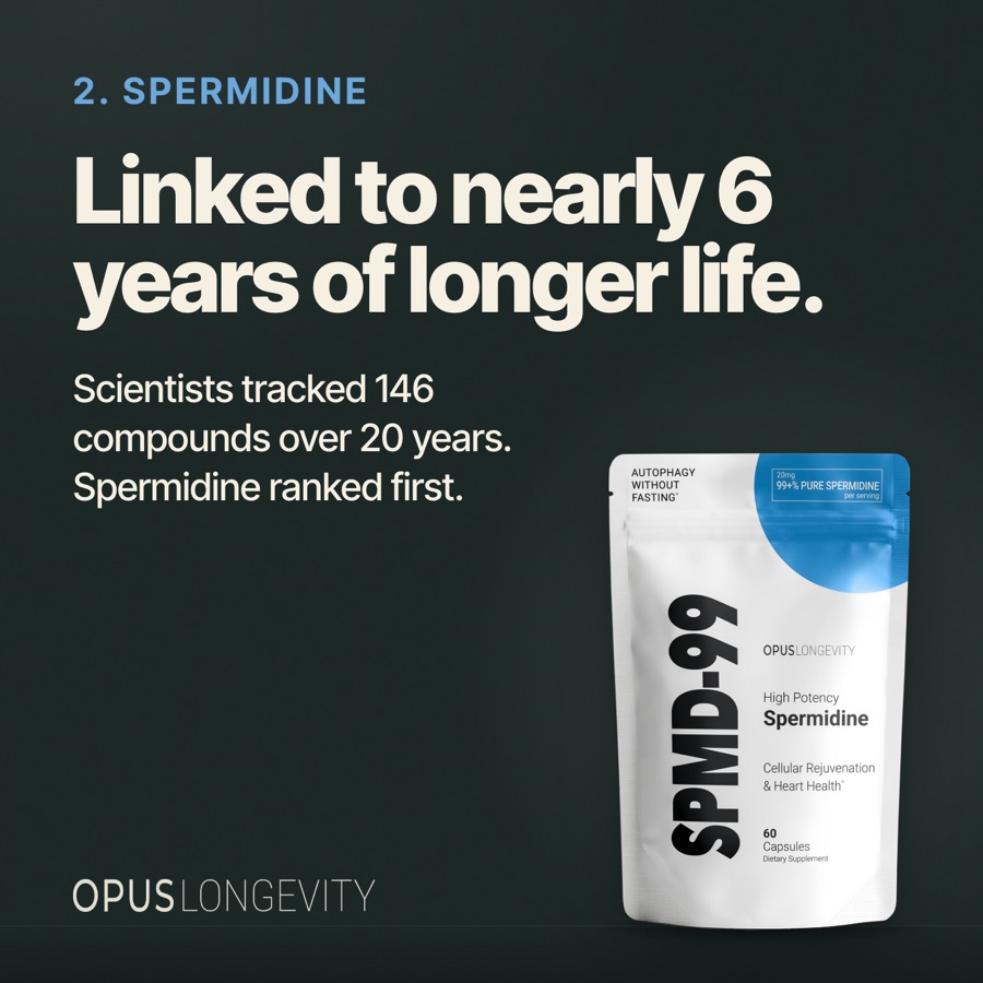 Card 3 of 7: 2. Spermidine / Linked to nearly 6 years of longer life. / Scientists tracked 146 compounds over 20 years. Spermidine ranked first.