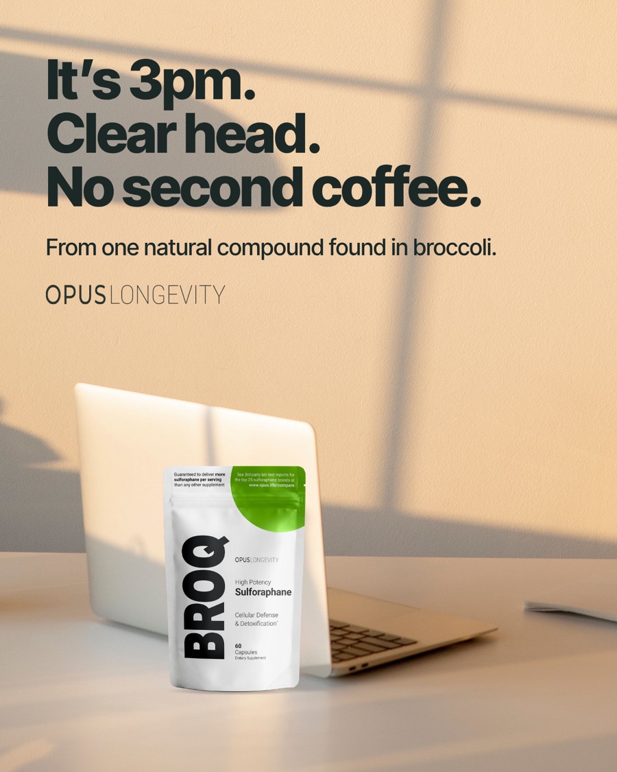 Ad picture: It's 3pm. Clear head. No second coffee.; From one natural compound found in broccoli.