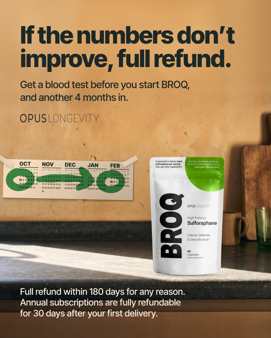 Ad picture: If the numbers don’t improve, full refund.; Get a blood test before you start BROQ, and another 4 months in.