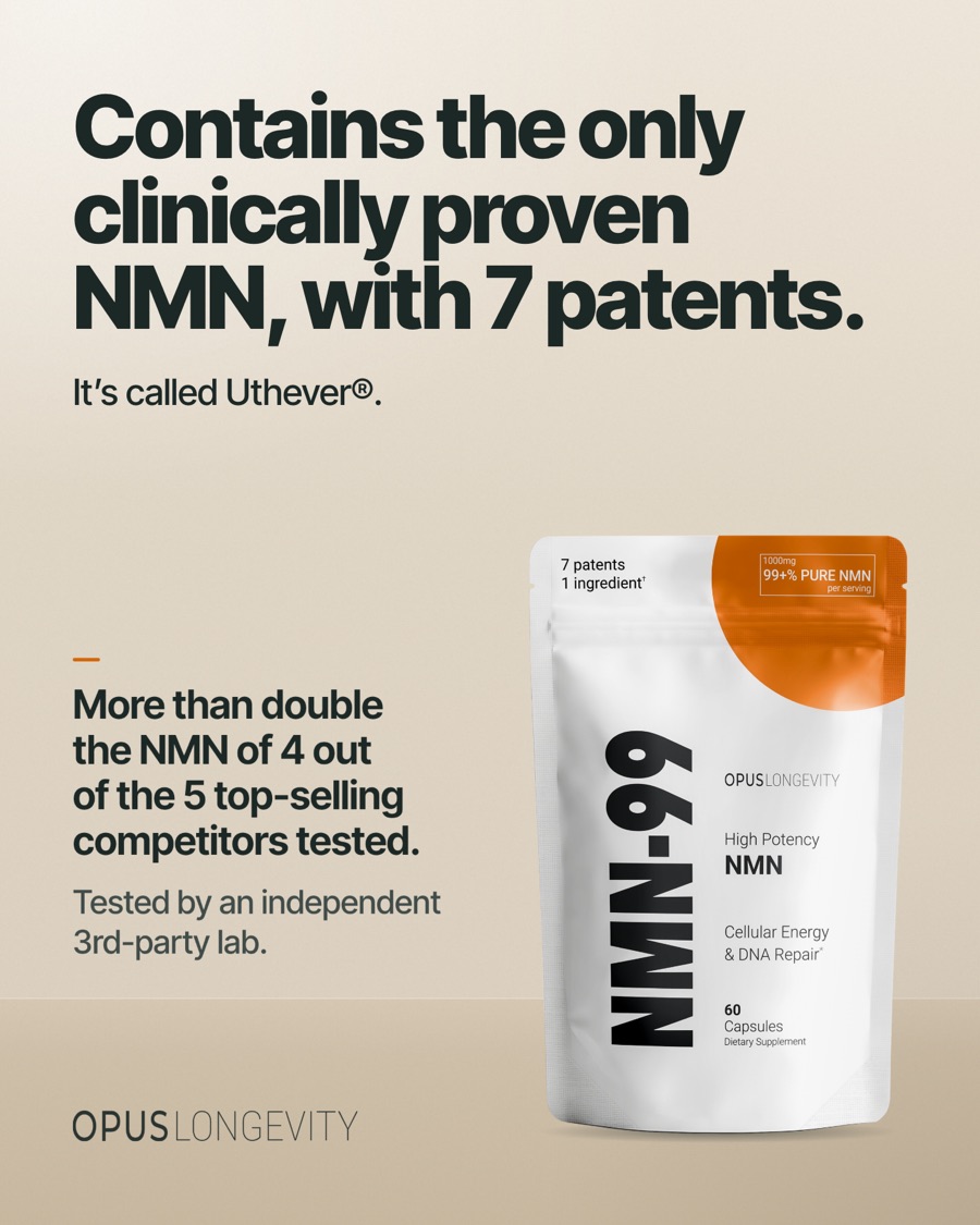Ad picture: Contains the only clinically proven NMN, with 7 patents.; It’s called Uthever®.