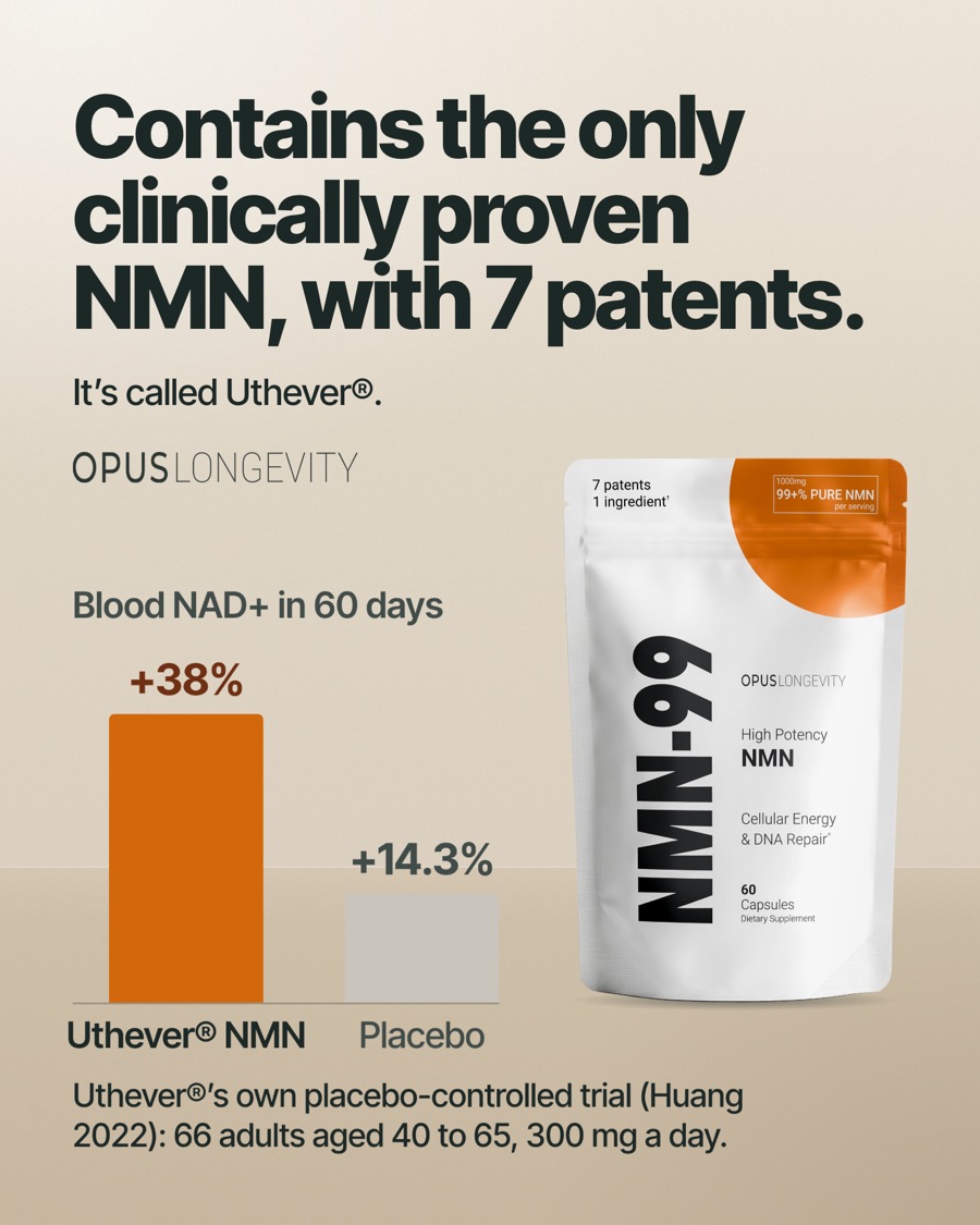 Ad picture: Contains the only clinically proven NMN, with 7 patents.; It’s called Uthever®.