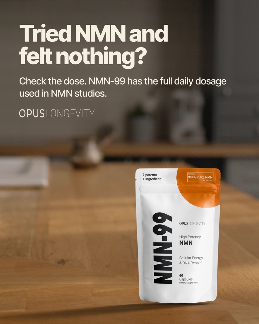 Ad picture: Tried NMN and felt nothing?; Check the dose. NMN-99 has the full daily dosage used in NMN studies.