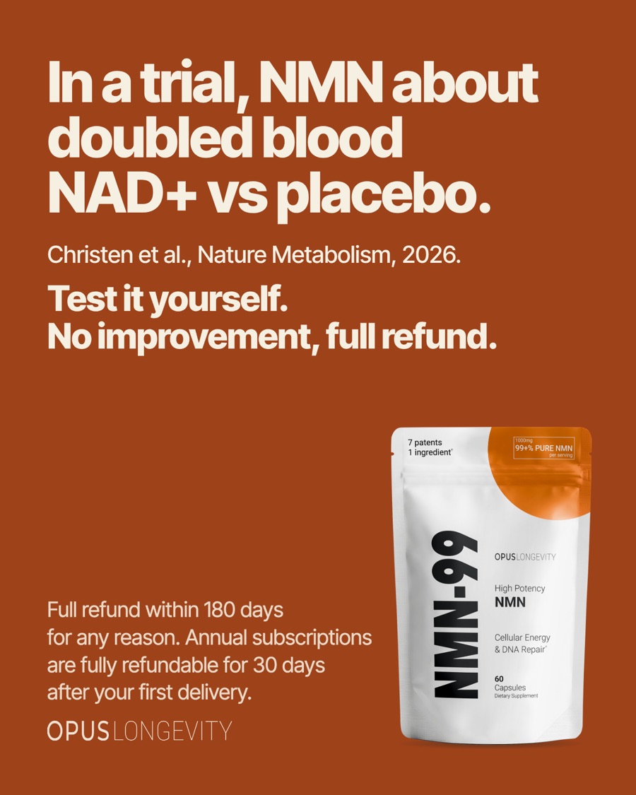 Ad picture: In a trial, NMN about doubled blood NAD+ vs placebo.; Christen et al., Nature Metabolism, 2026.