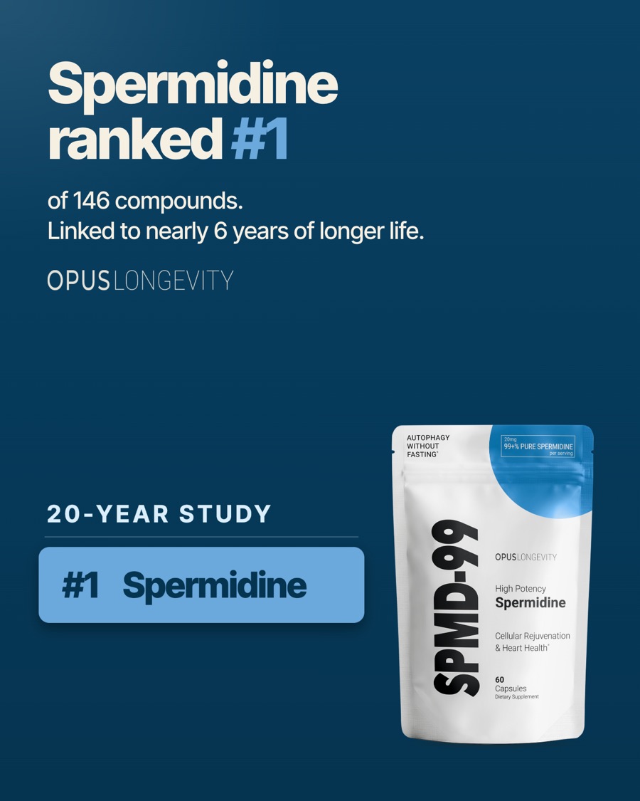 Ad picture: Spermidine ranked #1 of 146 compounds. Linked to nearly 6 years of longer life.; 20-YEAR STUDY