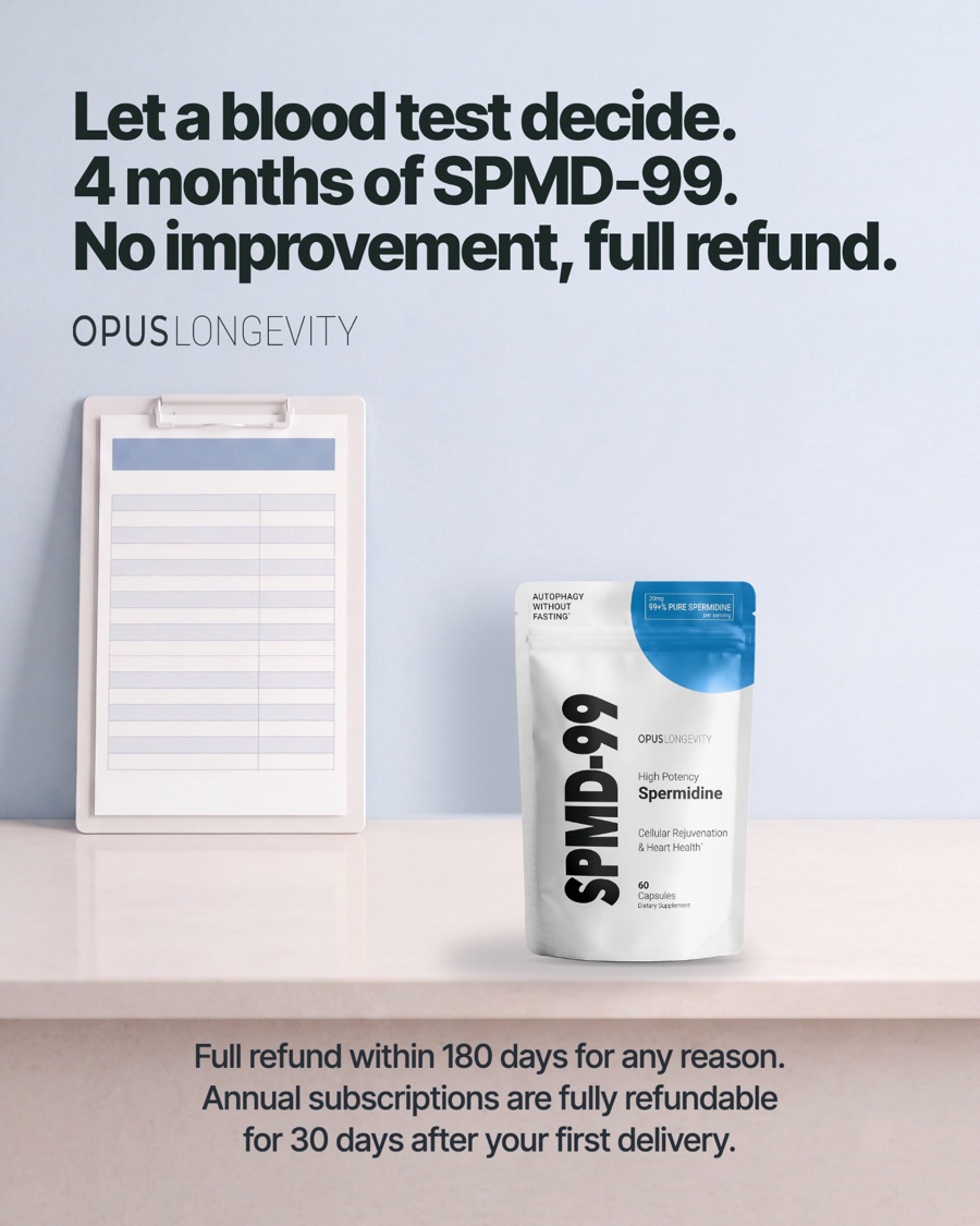 Ad picture: Let a blood test decide. / 4 months of SPMD-99. / No improvement, full refund.; OPUS LONGEVITY