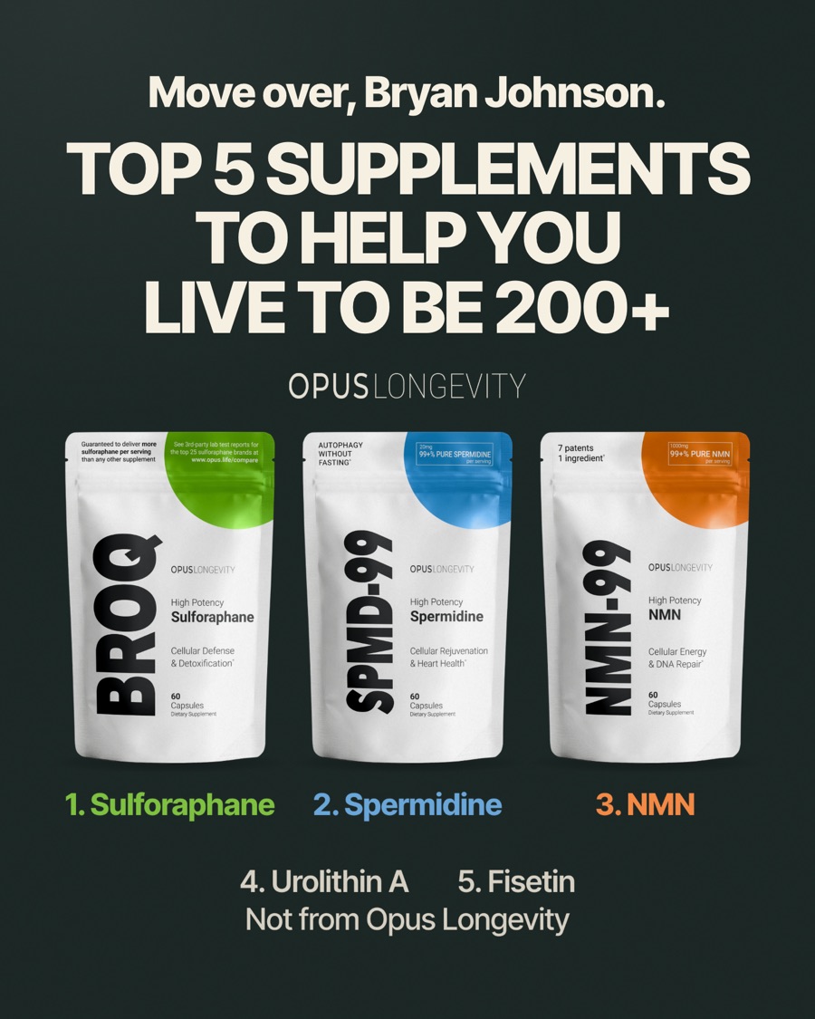 Ad picture: Move over, Bryan Johnson.; TOP 5 SUPPLEMENTS TO HELP YOU LIVE TO BE 200+