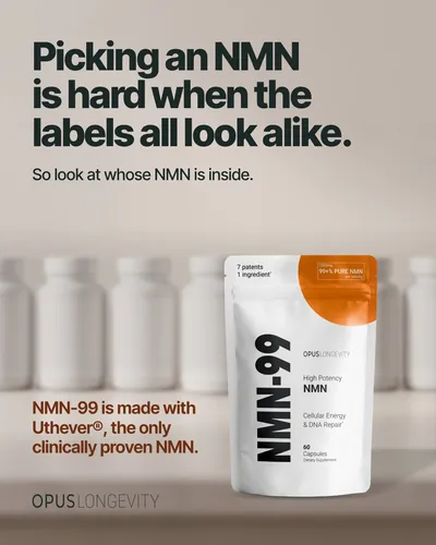 Image ad: Picking an NMN is hard when the labels all look alike, NMN-99 in front of plain bottles
