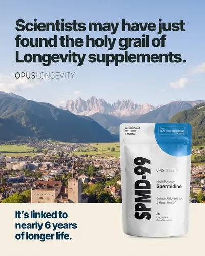 Image ad: Scientists may have just found the holy grail of longevity supplements, SPMD-99 over a mountain town