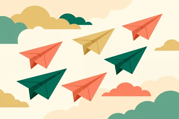 Six paper planes in teal, coral and gold fly across a cream sky.