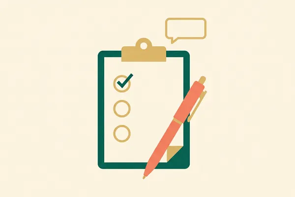 A clipboard with three round tick boxes, the first one ticked, and a pen resting across it.