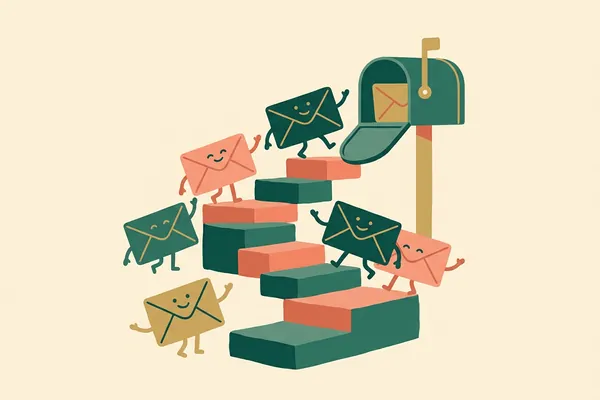 Smiling envelopes climb a staircase into a mailbox.