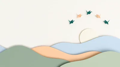 Soft paper hills in green, peach and blue under a rising sun, with five paper cranes flying up.