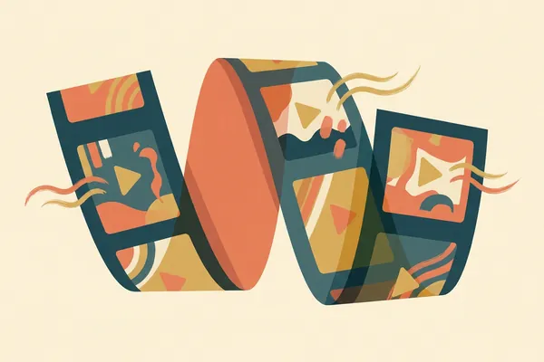 A curling film strip of colourful animated frames.