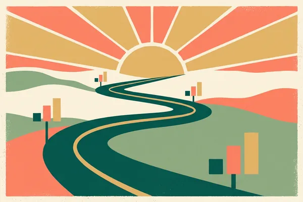 A winding road climbs past rising bar charts toward a bright sunrise.