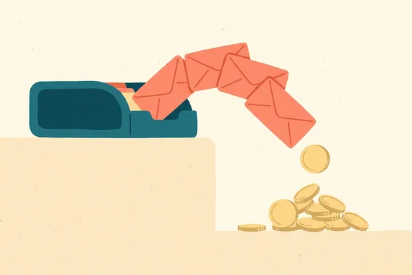 Envelopes fly out of a printer and turn into a pile of gold coins.
