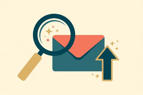 A magnifying glass over an envelope with an upward arrow.