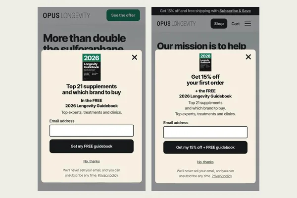 Two phone screens showing our new pop-ups, each offering the free 2026 Longevity Guidebook.