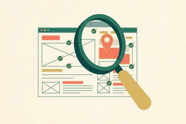 A magnifying glass with a map pin over a web page layout.
