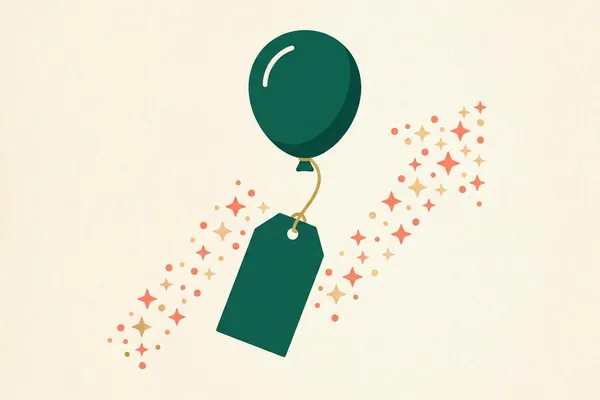 A green balloon lifts a price tag up through a trail of sparkles.