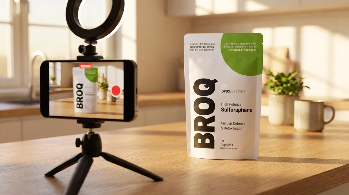 A phone on a small tripod with a ring light films a BROQ pack on a sunny kitchen counter.